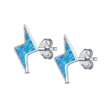 Lightning Stud Earrings Lab Created Blue Opal 925 Sterling Silver (6mm)